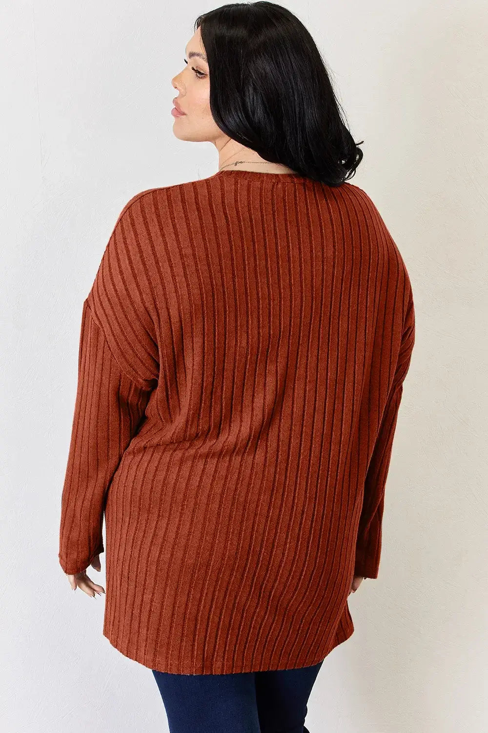 Basic Bae Full Size Ribbed Half Button Long Sleeve High-Low T-Shirt - ShopBasicbae - Flyclothing LLC