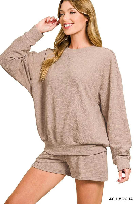 Zenana Slub Long Sleeve Top and Shorts Set - Trendsi - Flyclothing LLC