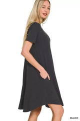 Zenana Short Sleeve Round Hem A-line Dress with Side Pockets - Trendsi - Flyclothing LLC