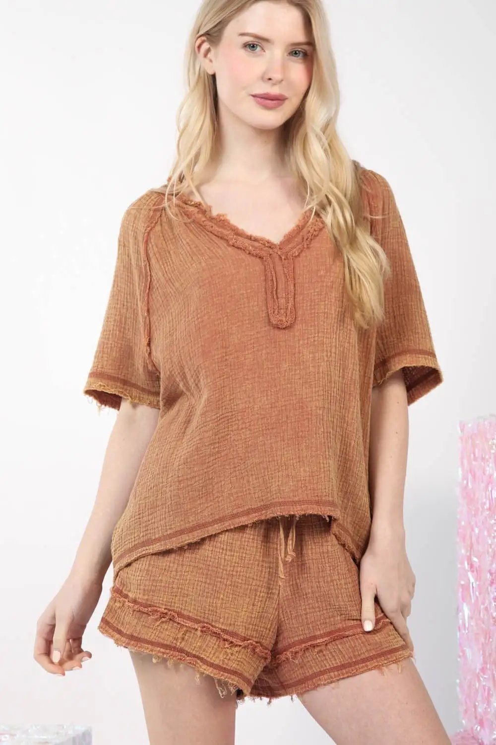 VERY J Washed Cotton Crinkle Gauze Top and Shorts Set - Trendsi