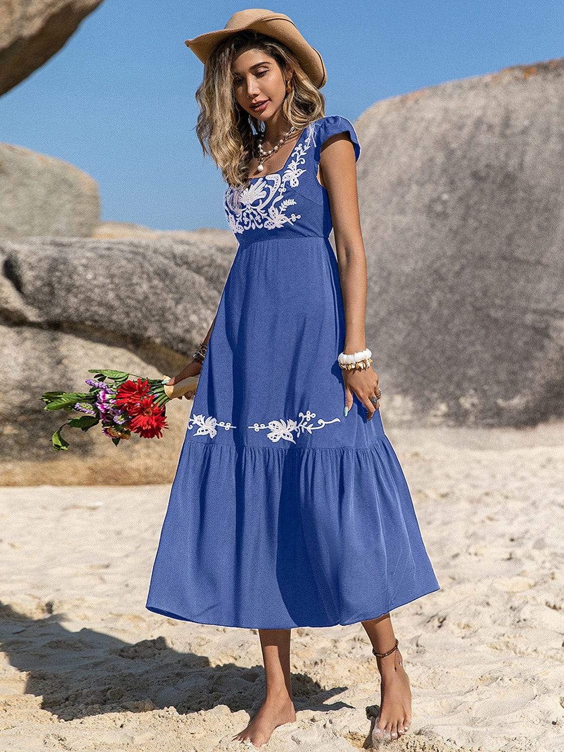 Embroidered Square Neck Cap Sleeve Dress - Trendsi - Flyclothing LLC