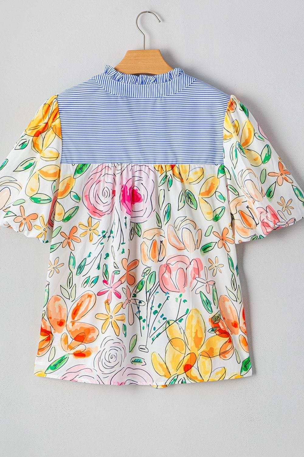 Floral Striped Yoke Frilled Tie Neck Puff Short Sleeve Blouse - Trendsi - Flyclothing LLC