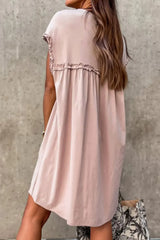 Frilled Trim Crew Neck Cap Sleeve Loose Fit Mini Dress - Trendsi - Flyclothing LLC