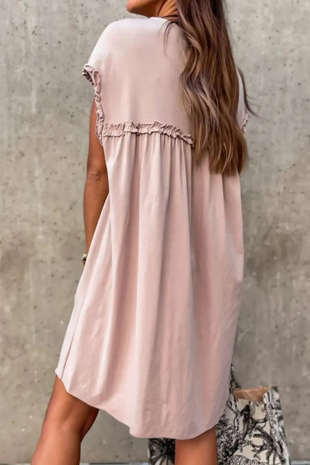 Frilled Trim Crew Neck Cap Sleeve Loose Fit Mini Dress - Trendsi - Flyclothing LLC
