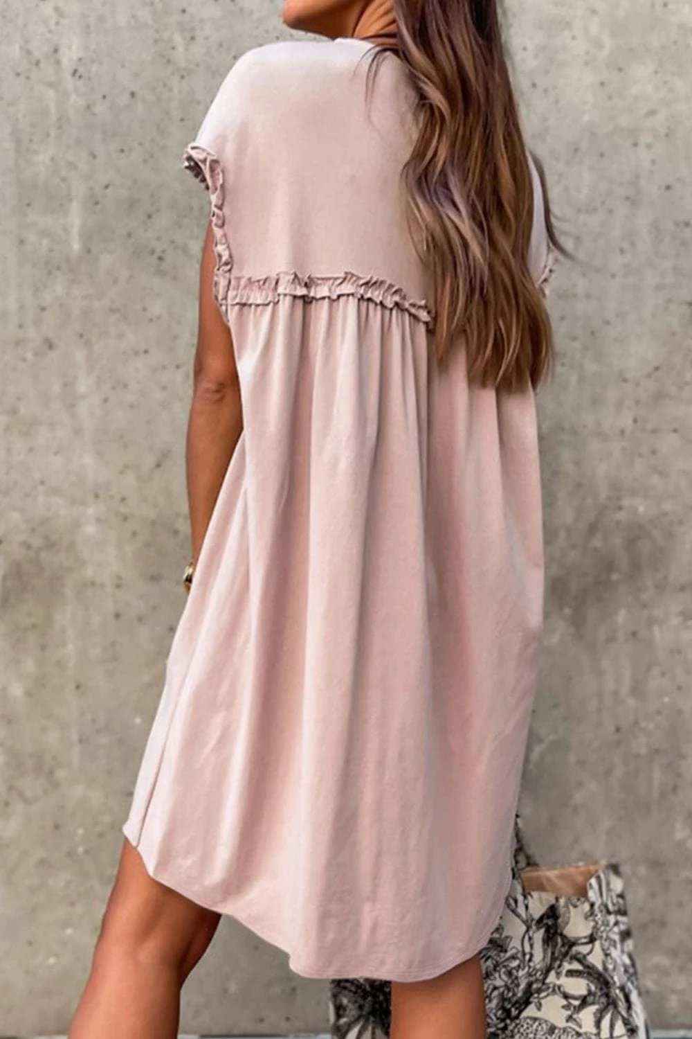 Frilled Trim Crew Neck Cap Sleeve Loose Fit Mini Dress - Trendsi - Flyclothing LLC