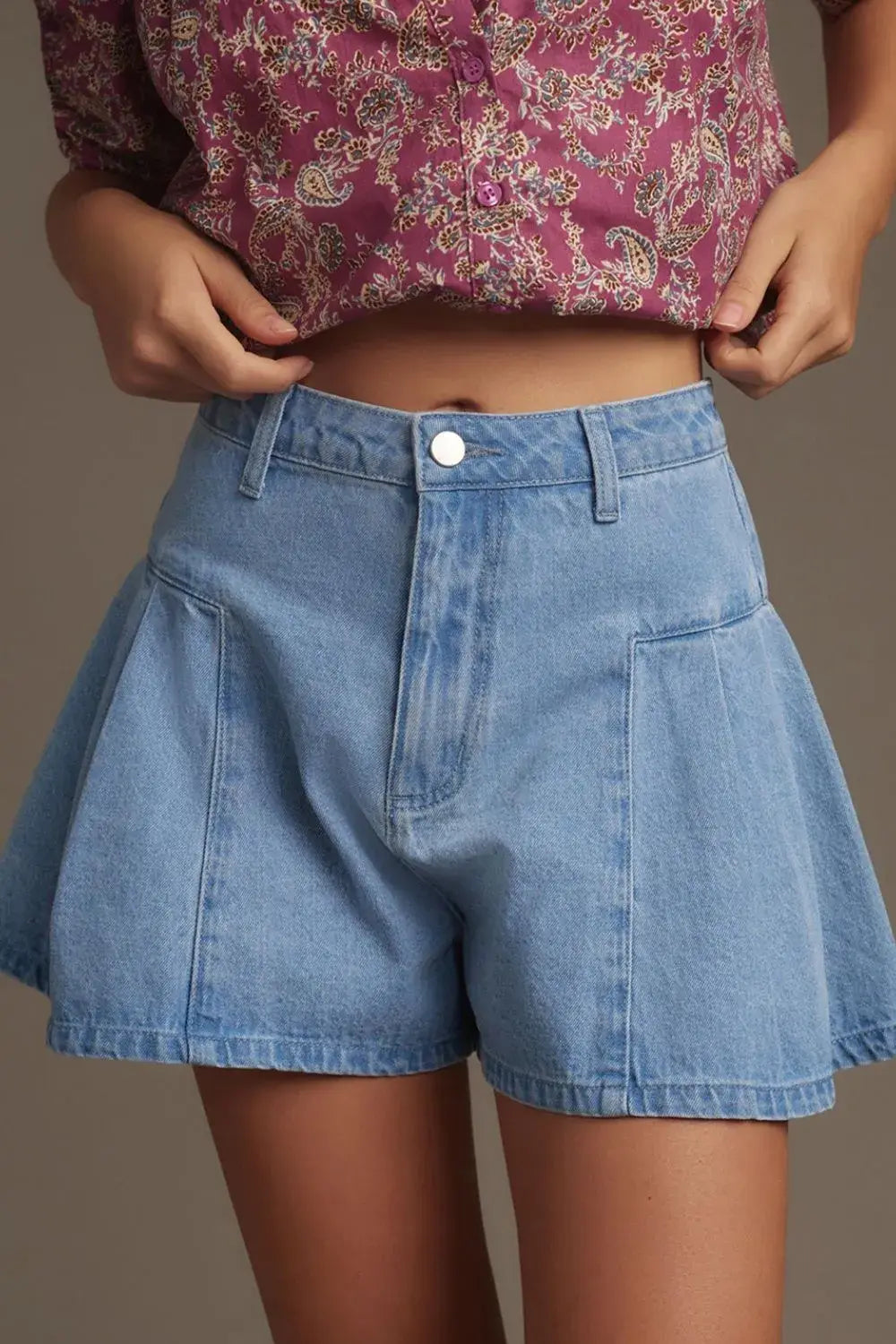 Pleated Patchwork Panel Lightweight Denim Shorts - Trendsi - Flyclothing LLC