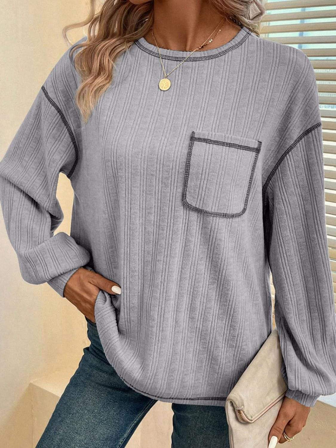 Mandy Contrast Stitching Round Neck Long Sleeve T-Shirt - Trendsi - Flyclothing LLC