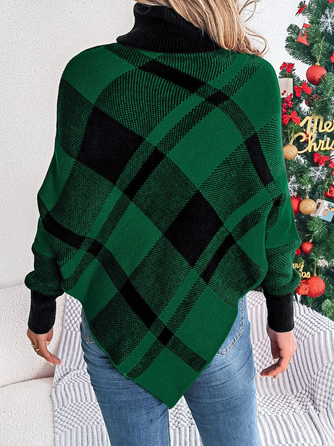 Plaid Turtleneck Batwing Sleeve Sweater - Trendsi - Flyclothing LLC