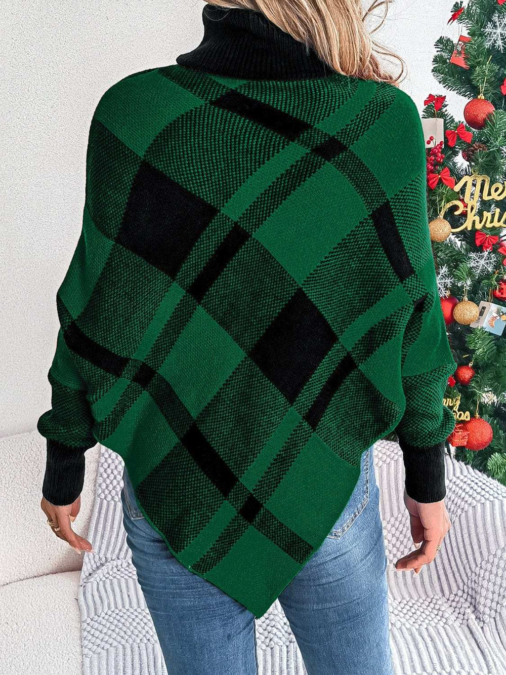 Plaid Turtleneck Batwing Sleeve Sweater - Trendsi - Flyclothing LLC