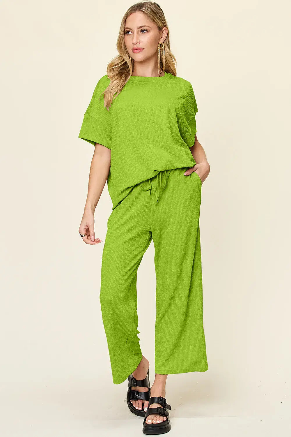 Double Take Full Size Texture Round Neck Short Sleeve T-Shirt and Wide Leg Pants - Trendsi - Flyclothing LLC