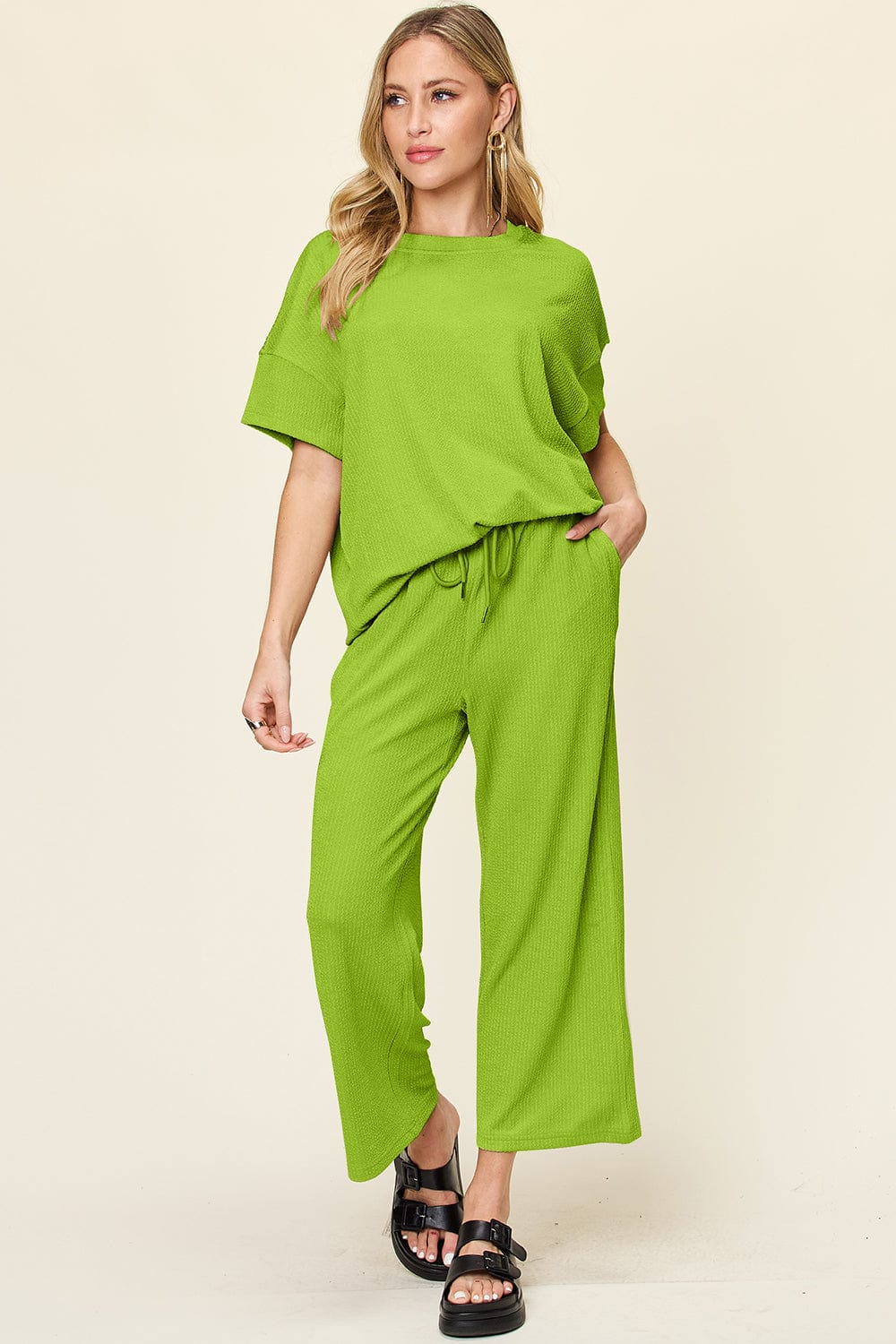 Double Take Full Size Texture Round Neck Short Sleeve T-Shirt and Wide Leg Pants - Trendsi