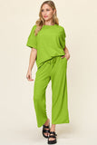 Double Take Full Size Texture Round Neck Short Sleeve T-Shirt and Wide Leg Pants - Trendsi