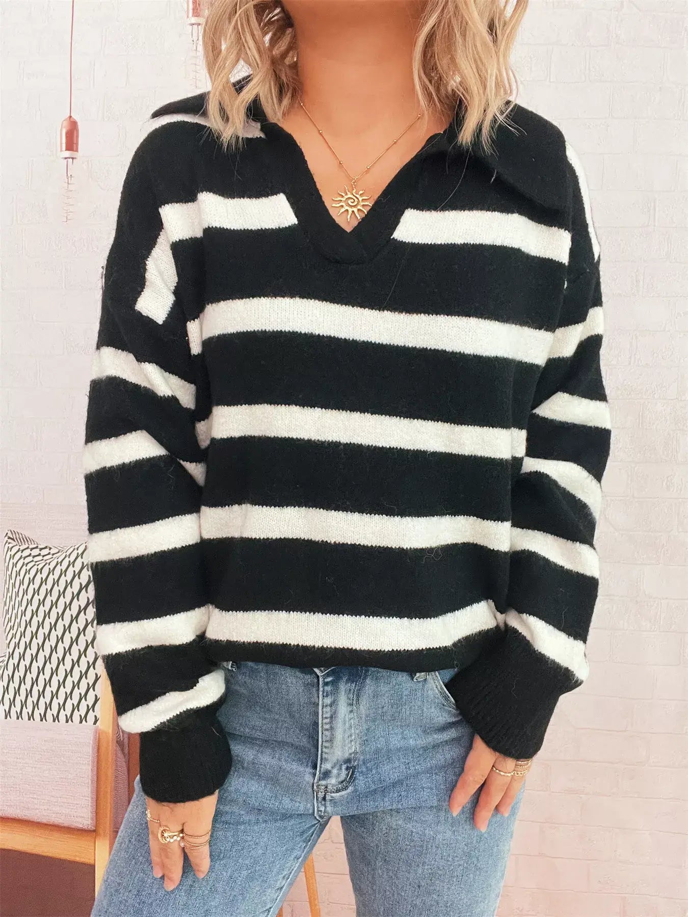 Striped Dropped Shoulder Sweater - Trendsi - Flyclothing LLC