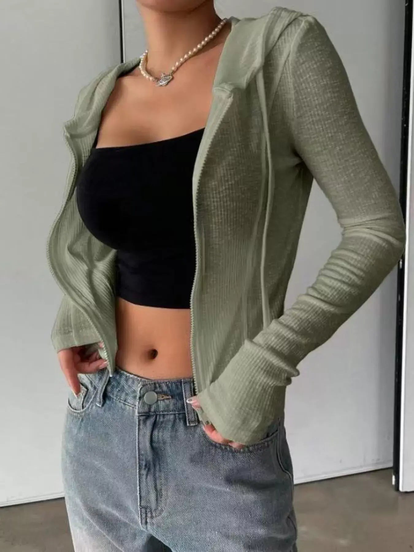 Ribbed Knit Cropped Zip-Up Outerwear - Trendsi - Flyclothing LLC