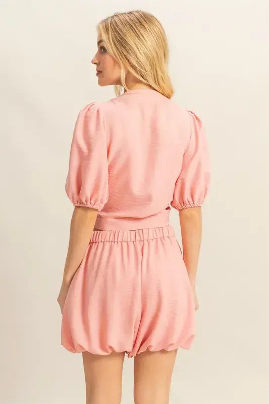 HYFVE Front Tie Top and Bubble Hem Shorts - Trendsi - Flyclothing LLC