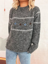 Ribbed Hem Flower Long Sleeve Sweater - Trendsi - Flyclothing LLC