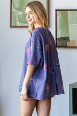 HOPELY Bow Print Waffle Side Slit T-Shirt - Trendsi - Flyclothing LLC