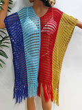 Fringe Color Block Scoop Neck Cover Up - Trendsi - Flyclothing LLC