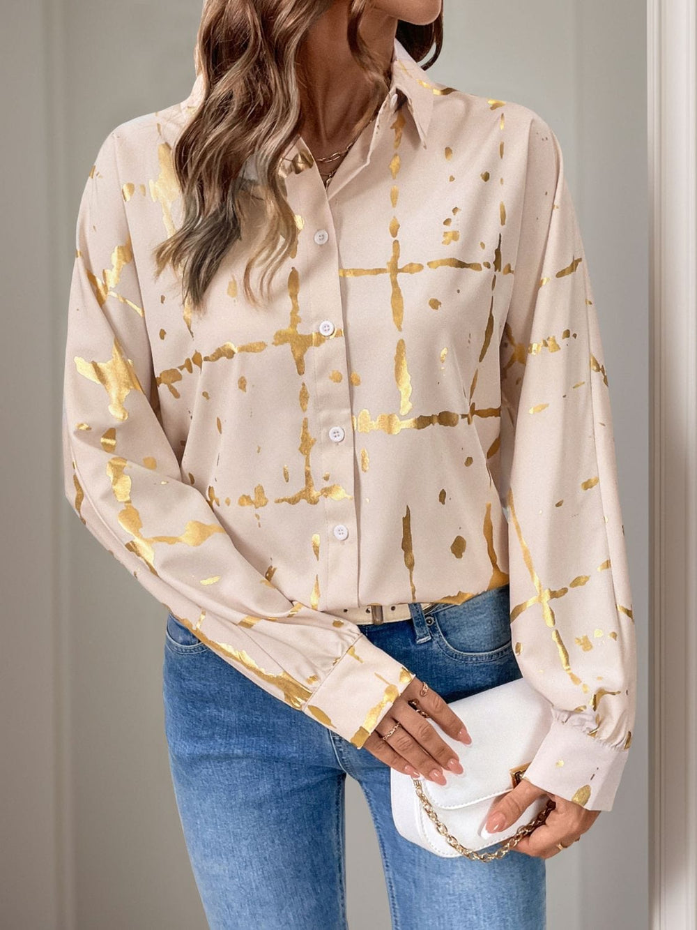 Perfee Printed Collared Neck Long Sleeve Shirt - Trendsi