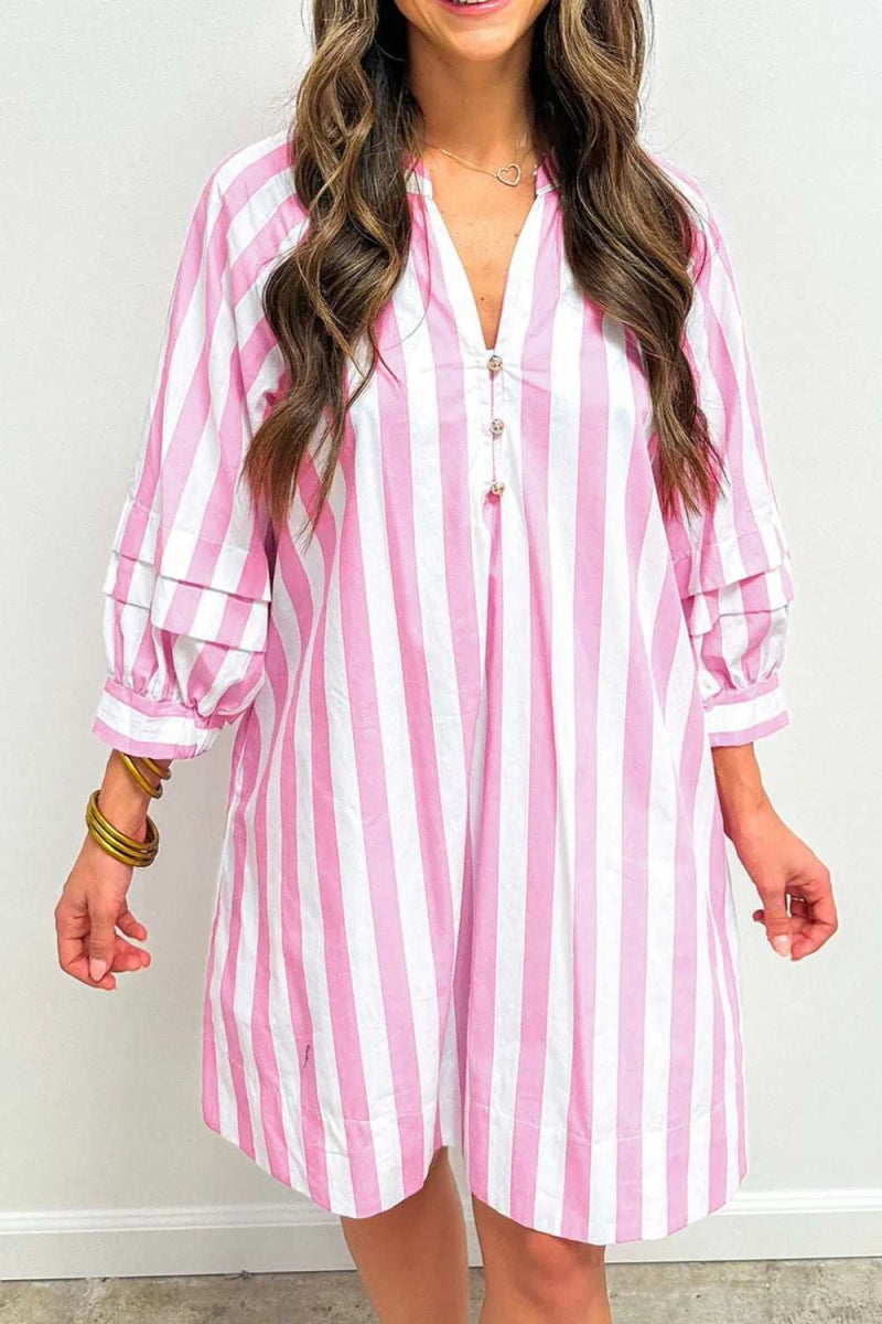 Striped Notched Mini Dress - Trendsi