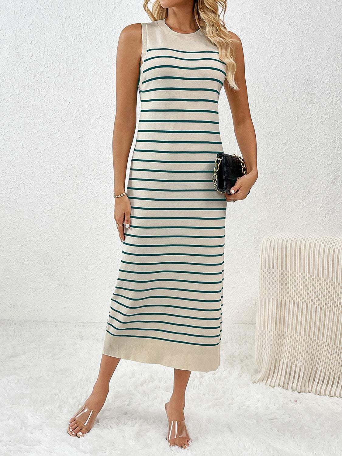 Round Neck Sleeve Midi Knit Dress - Trendsi - Flyclothing LLC