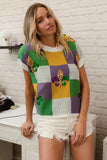 BiBi Sequin Embroidery Mardi Gras Checker Sweater Top - Trendsi - Flyclothing LLC