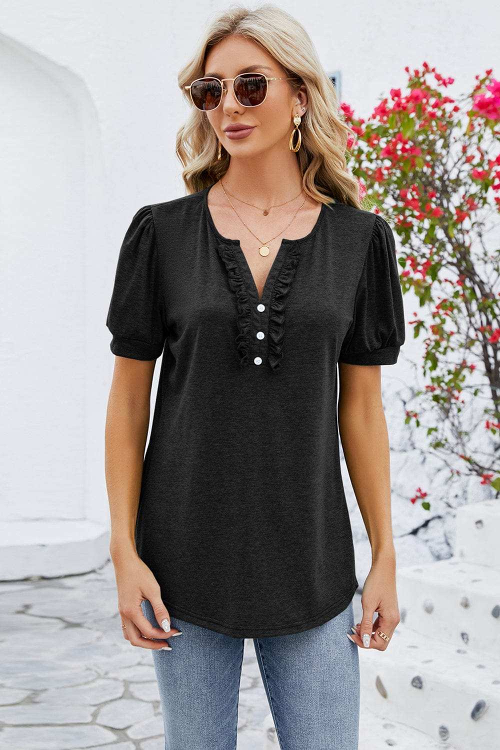 Frill Notched Short Sleeve Blouse - Trendsi - Flyclothing LLC