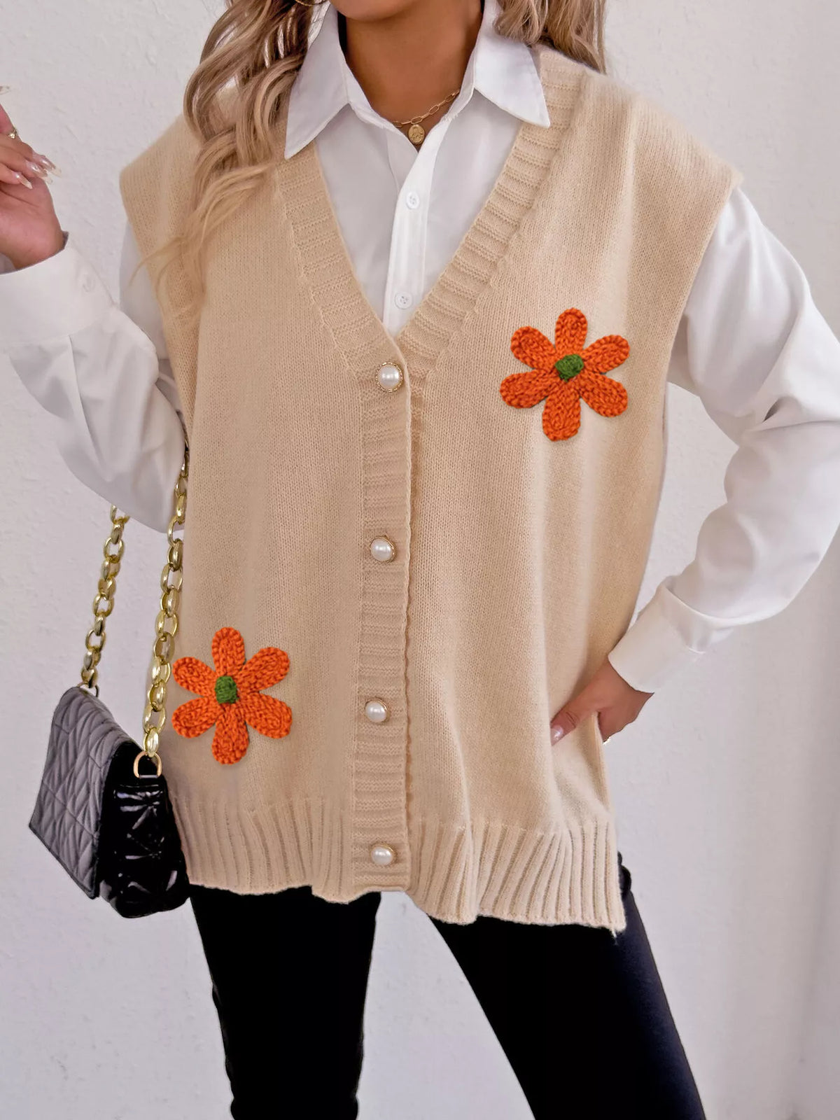 Flower V-Neck Sleeveless Cardigan - Trendsi - Flyclothing LLC