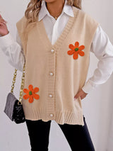 Flower V-Neck Sleeveless Cardigan - Trendsi - Flyclothing LLC