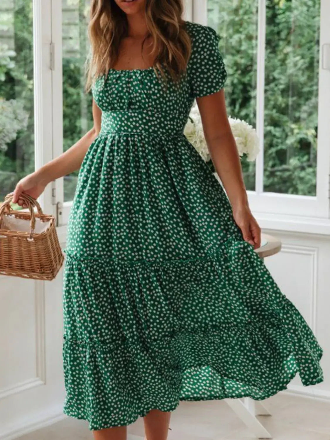 Printed Square Neck Short Sleeve Midi Dress - Trendsi - Flyclothing LLC