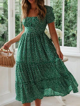 Printed Square Neck Short Sleeve Midi Dress - Trendsi - Flyclothing LLC