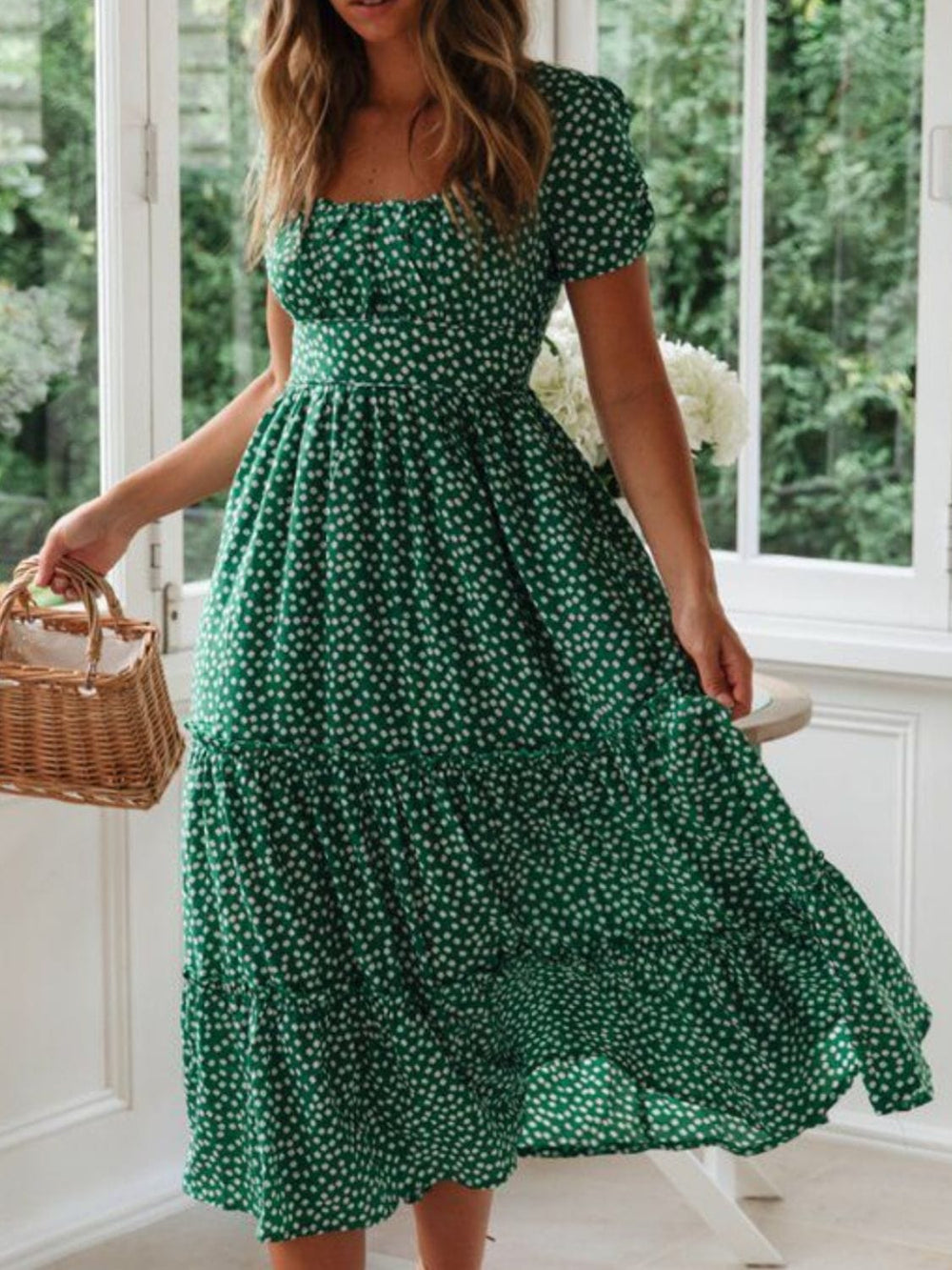 Printed Square Neck Short Sleeve Midi Dress - Trendsi