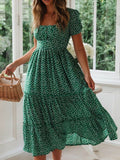 Printed Square Neck Short Sleeve Midi Dress - Trendsi