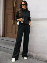 Ribbed Turtleneck Dropped Shoulder Top and Pants Sweater Set - Trendsi - Flyclothing LLC
