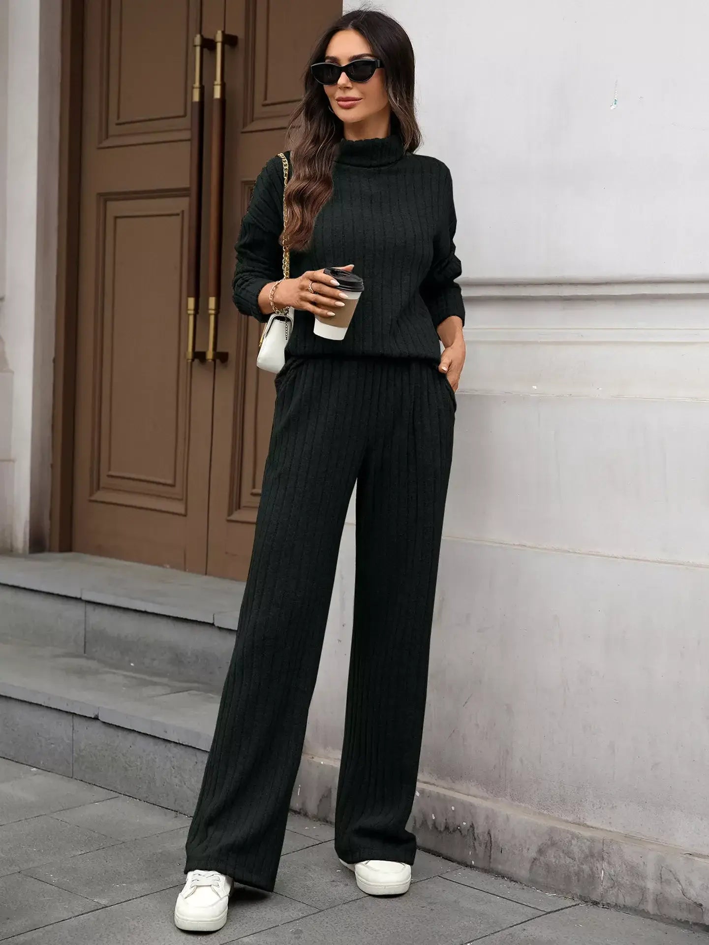 Ribbed Turtleneck Dropped Shoulder Top and Pants Sweater Set - Trendsi - Flyclothing LLC