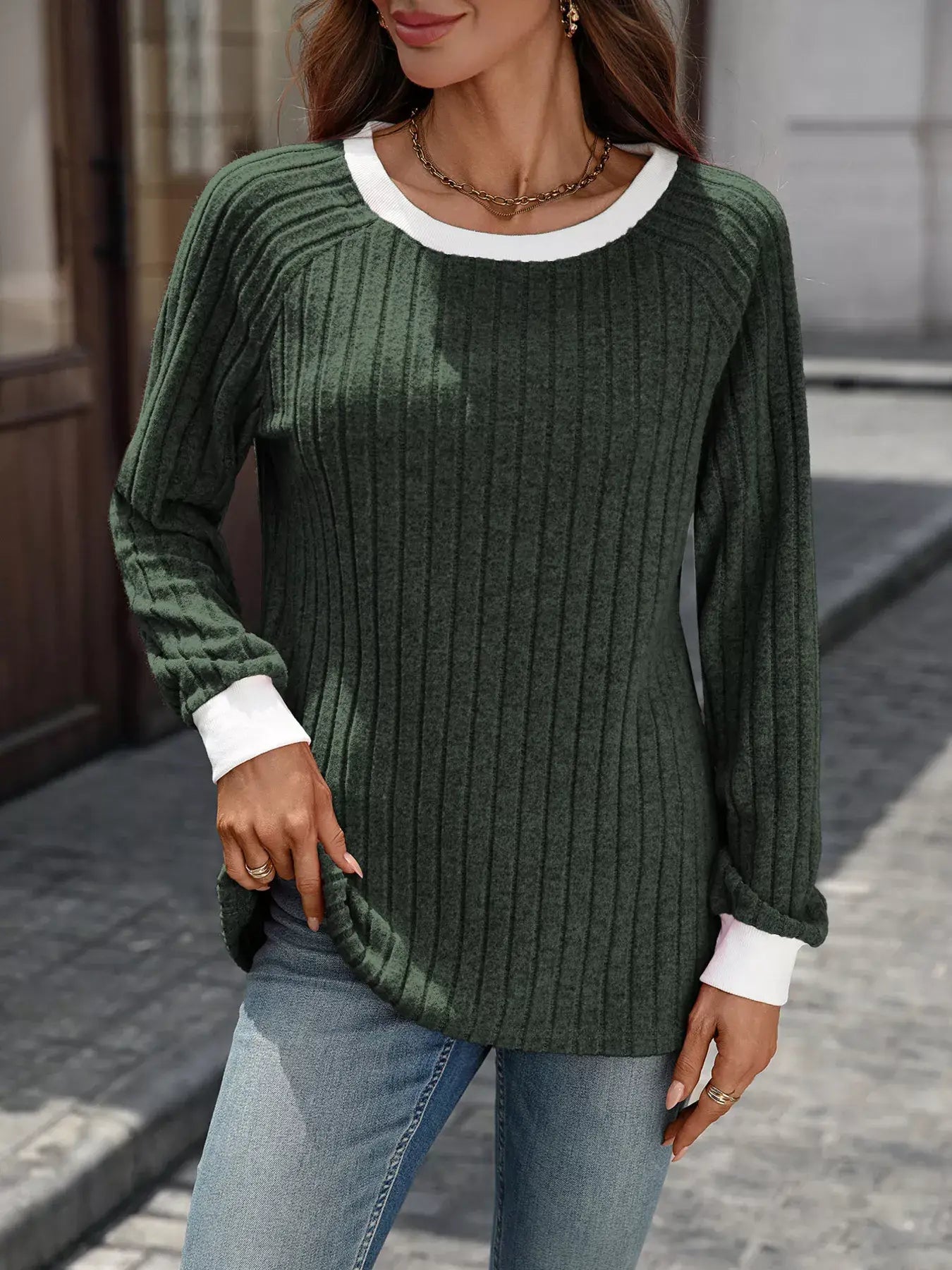 Ribbed Round Neck Raglan Sleeve Knit Top - Trendsi - Flyclothing LLC