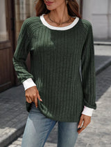 Ribbed Round Neck Raglan Sleeve Knit Top - Trendsi - Flyclothing LLC