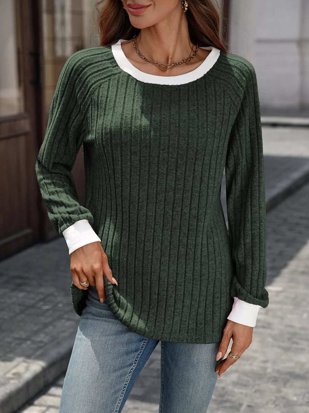 Ribbed Round Neck Raglan Sleeve Knit Top - Trendsi - Flyclothing LLC