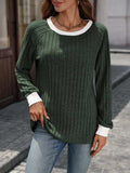 Ribbed Round Neck Raglan Sleeve Knit Top - Trendsi - Flyclothing LLC