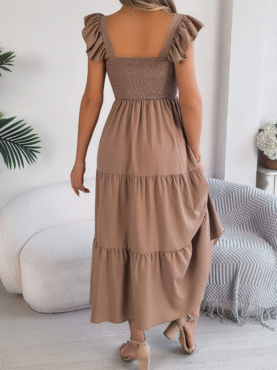 Smocked Square Neck Cap Sleeve Midi Dress - Trendsi - Flyclothing LLC