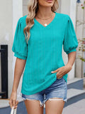 Puff Sleeve V-Neck Eyelet Lace T-Shirt - Trendsi - Flyclothing LLC
