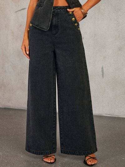 Button Decor High Rise Wide Leg Jeans - Trendsi - Flyclothing LLC