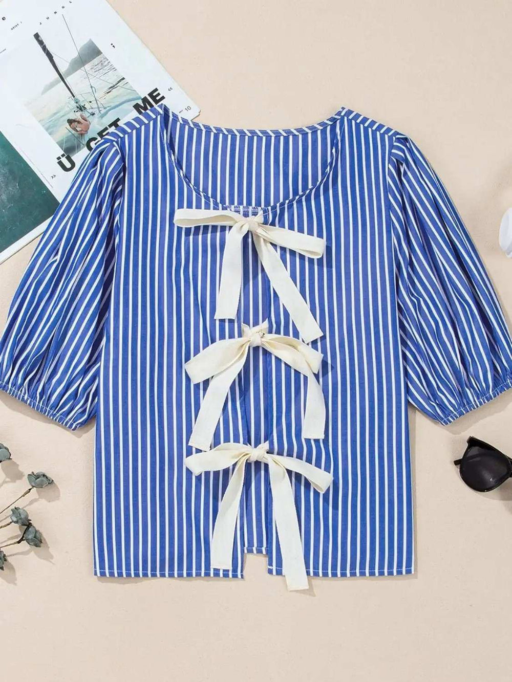 Stripe Tied Front Puff Short Sleeve Top - Trendsi - Flyclothing LLC