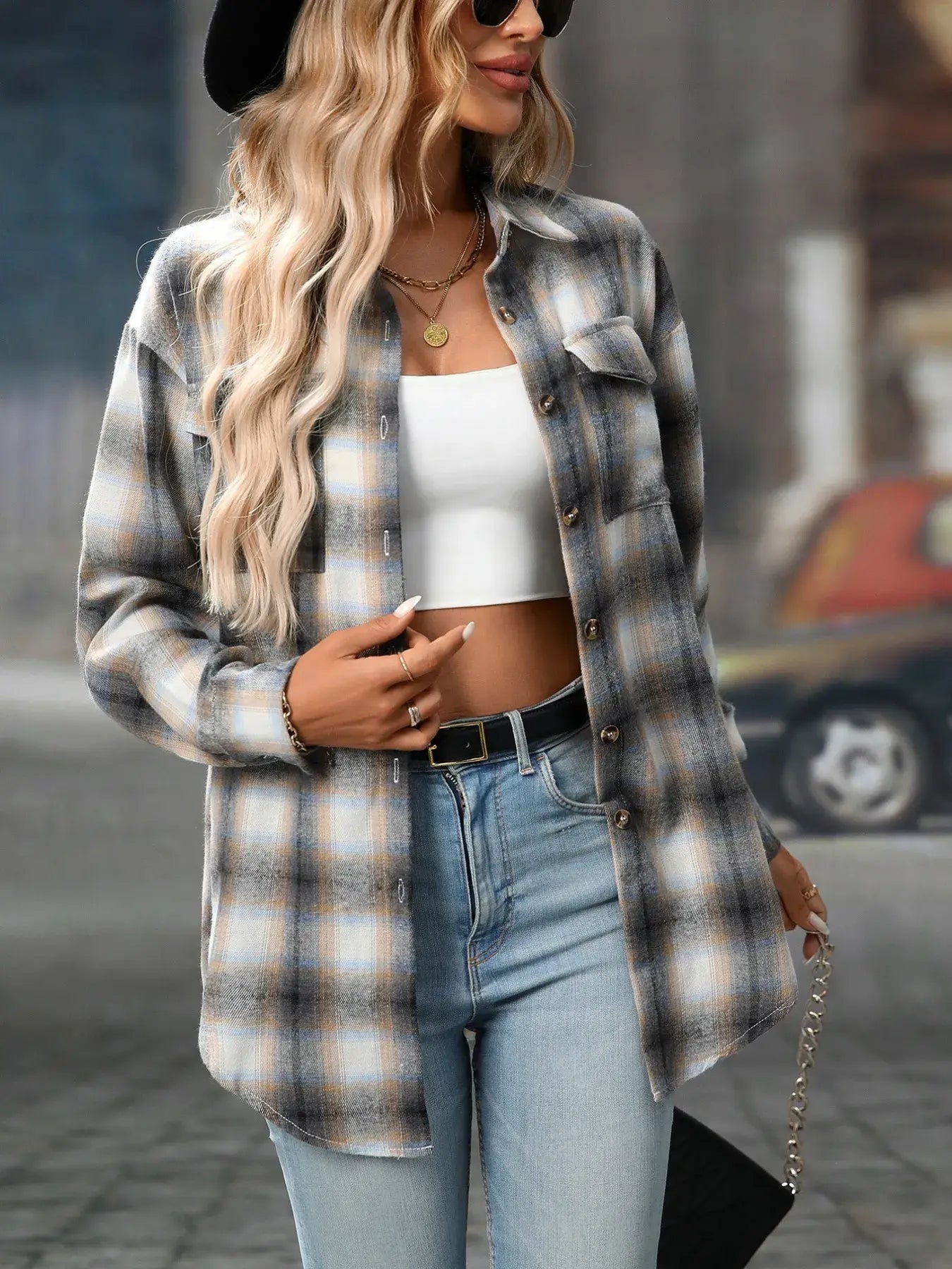 Oversized Plaid Button-Up Shirt - Trendsi - Flyclothing LLC