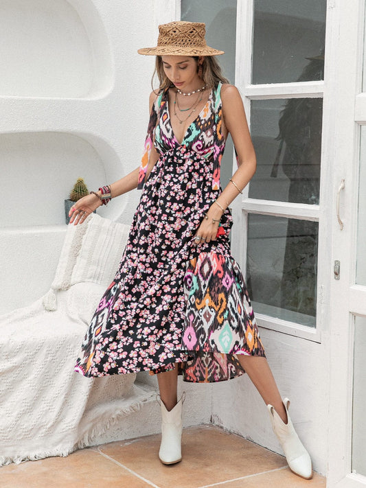 Printed Plunge Sleeveless Midi Dress - Trendsi