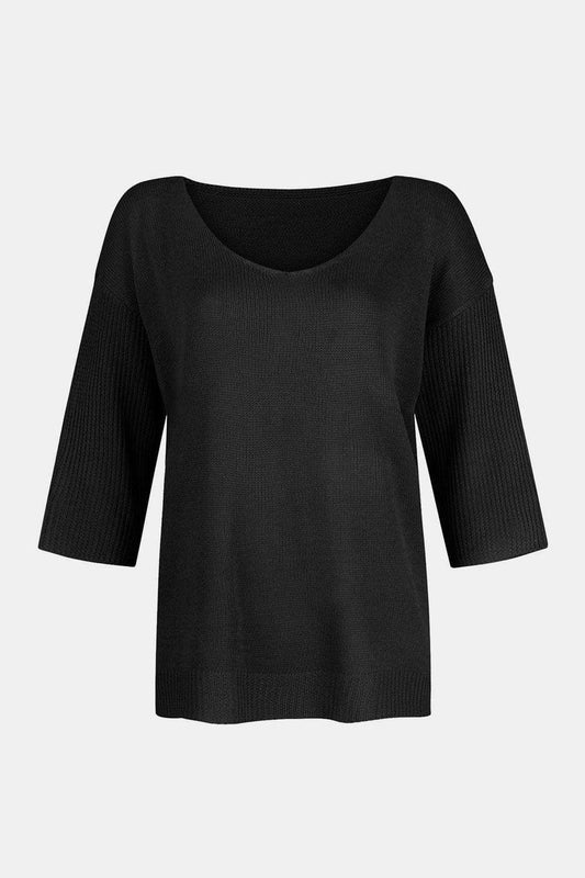 V-Neck Three-Quarter Sleeve Knit Top - Trendsi - Flyclothing LLC