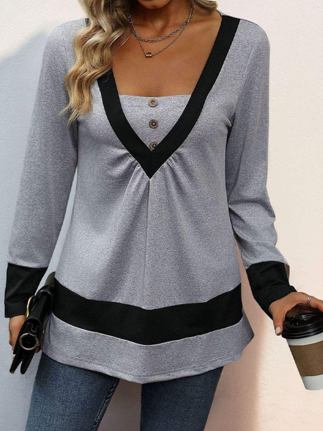 Contrast Long Sleeve T-Shirt - Trendsi - Flyclothing LLC