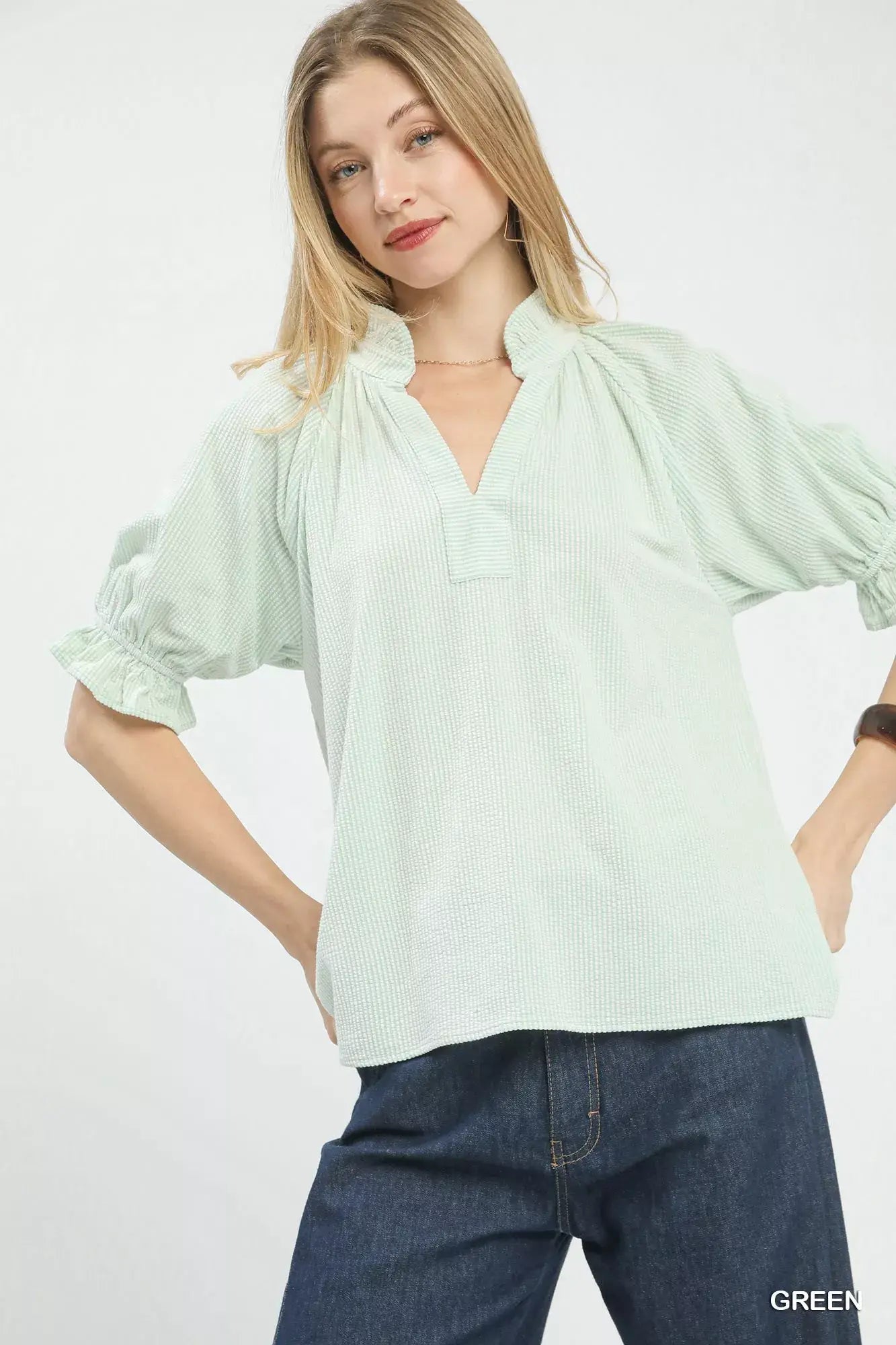Umgee Textured Ruffle Sleeve V-Neck Top - Trendsi - Flyclothing LLC