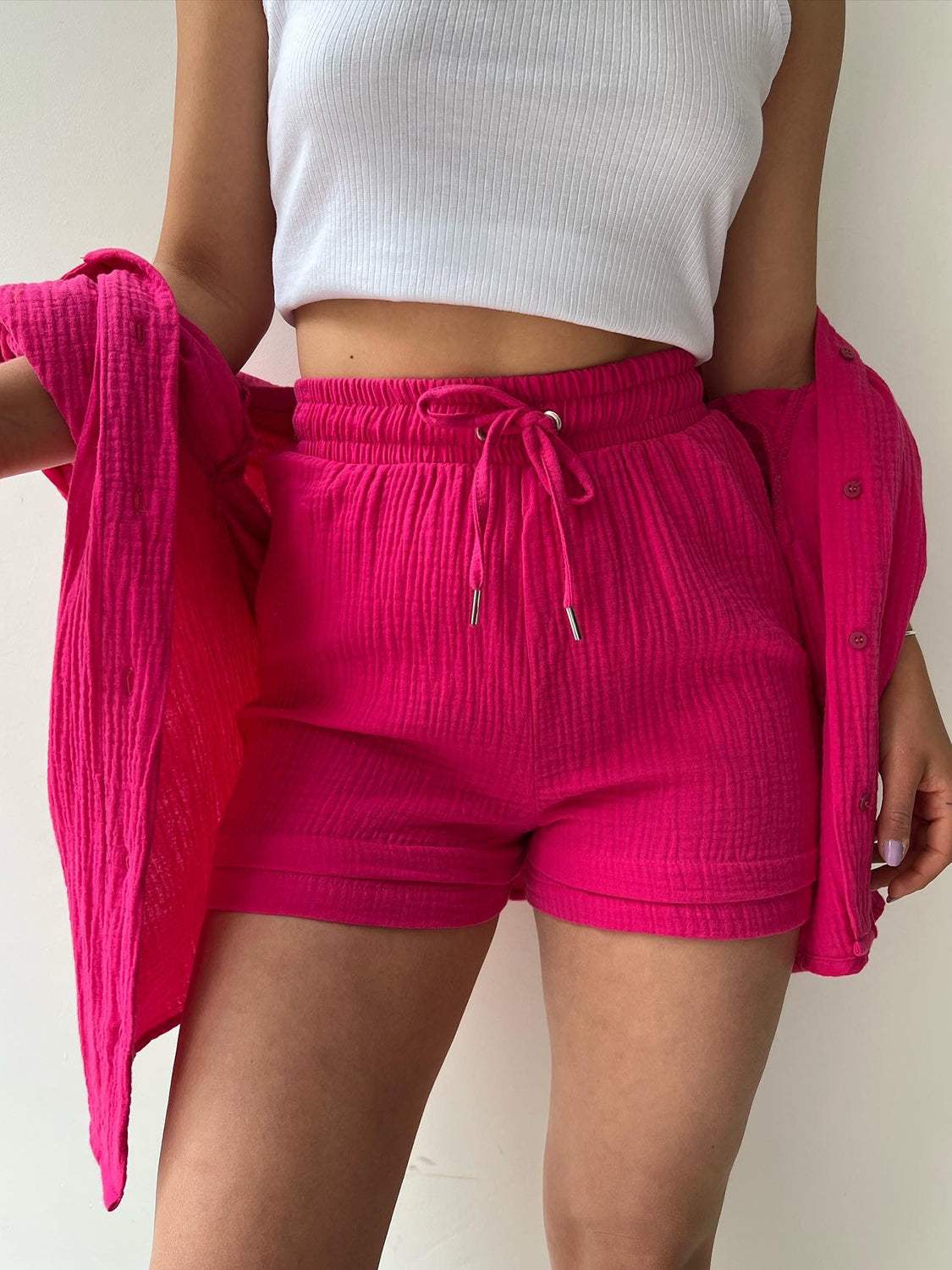 Texture Button Up Shirt and Drawstring Shorts Set - Trendsi - Flyclothing LLC
