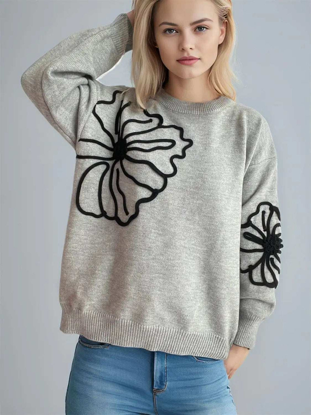 Flower Round Neck Long Sleeve Sweater - Trendsi - Flyclothing LLC